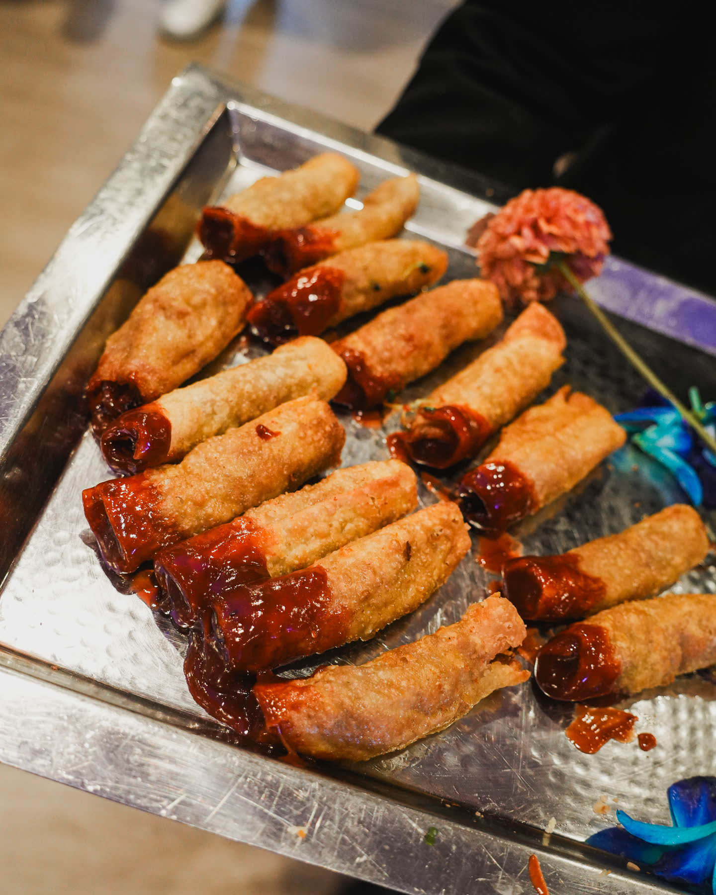 Cocktail bites presented on a tray for passed service