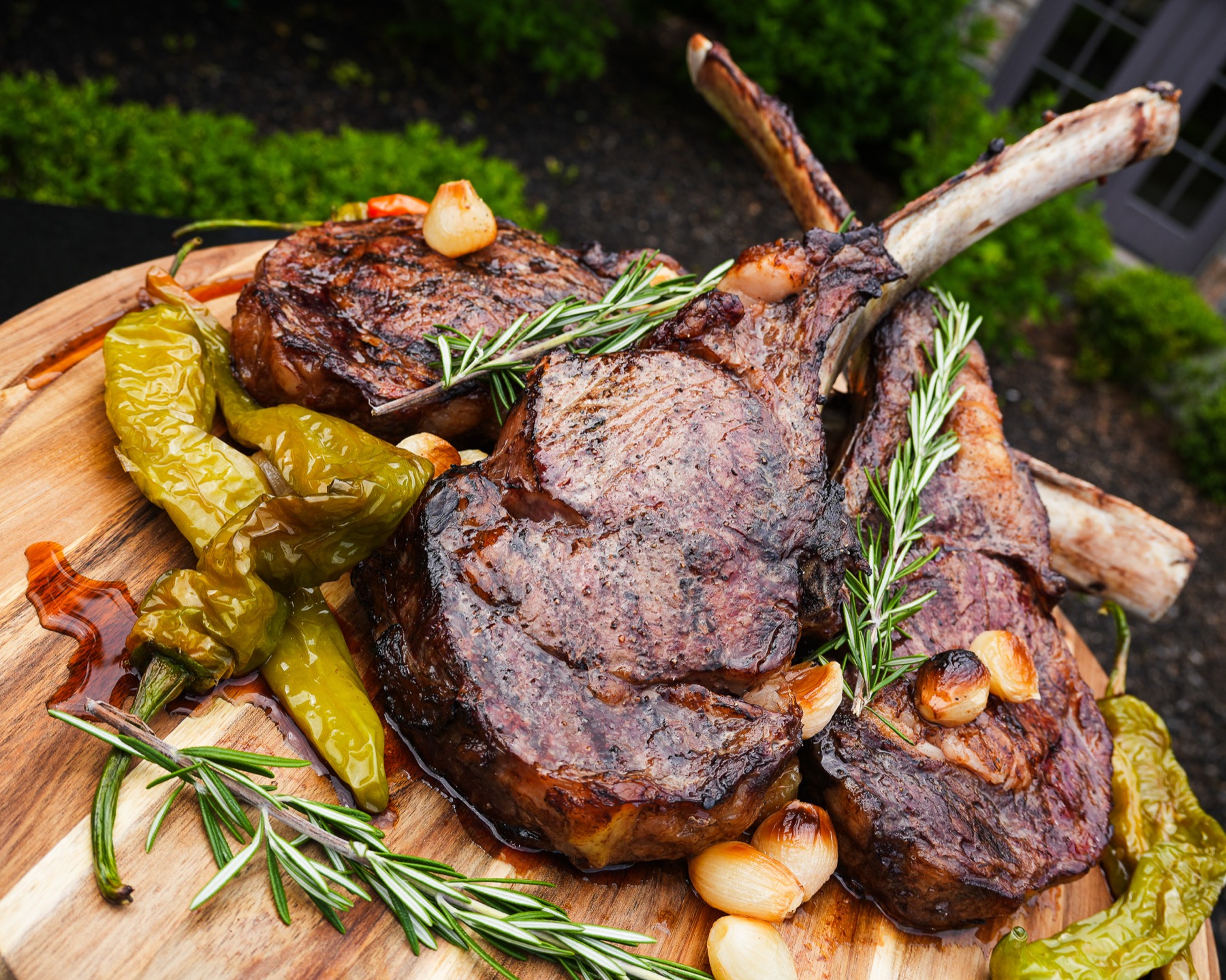 Outdoor kosher ribeye board station in the courtyard