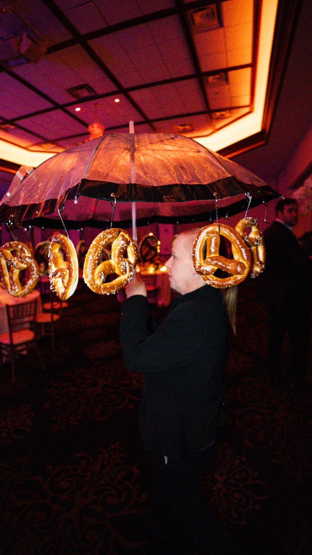 Pretzel umbrella station during a mitzvah celebration