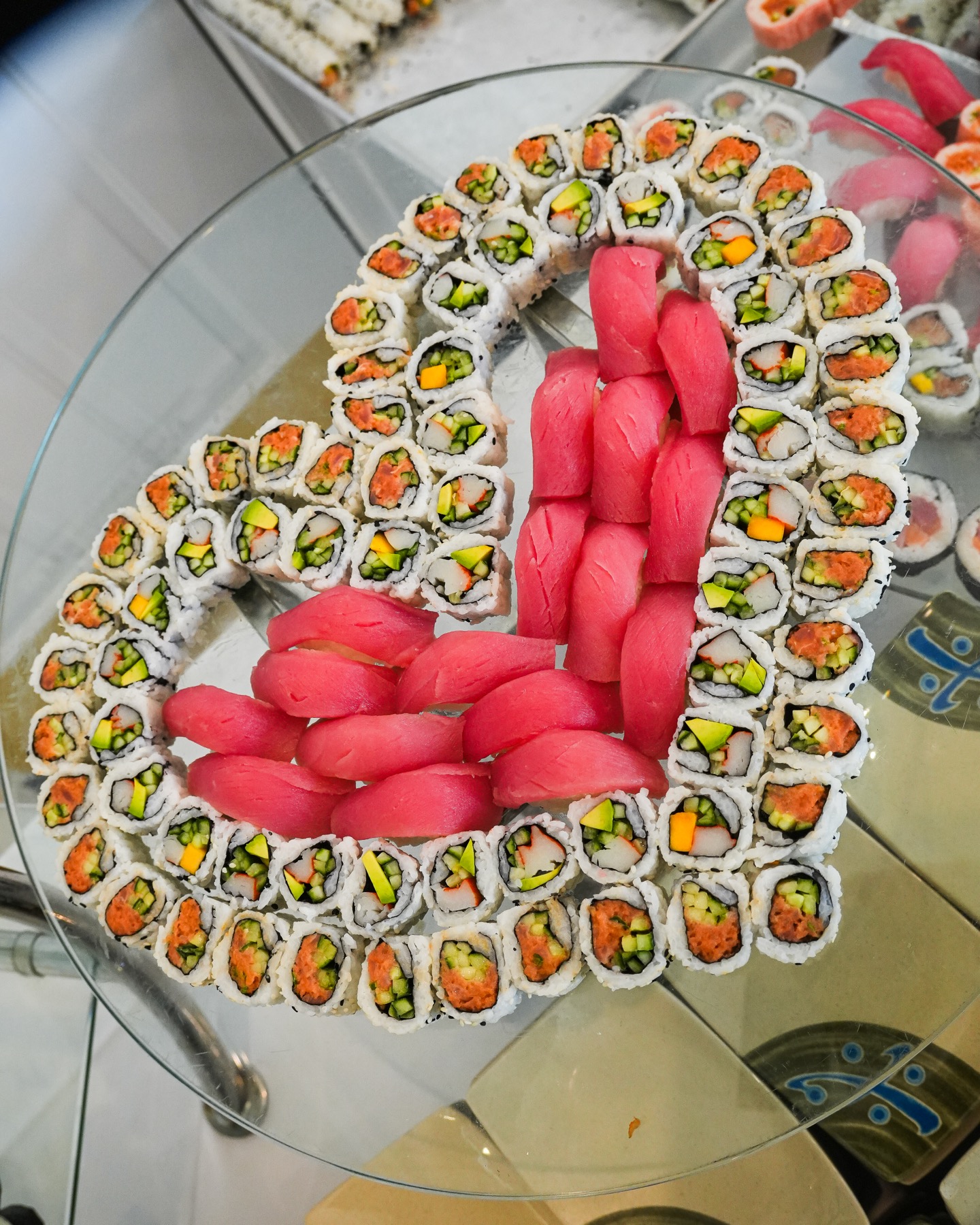Kosher sushi display arranged in a heart-inspired pattern