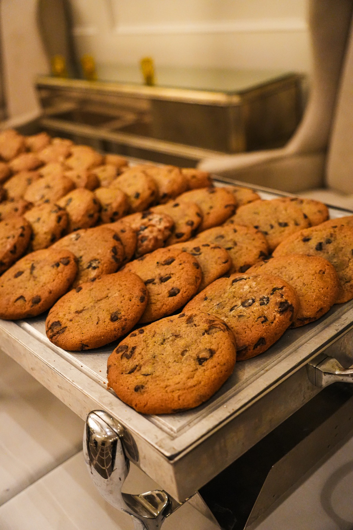 Warm chocolate chip cookies on a kosher dessert tray