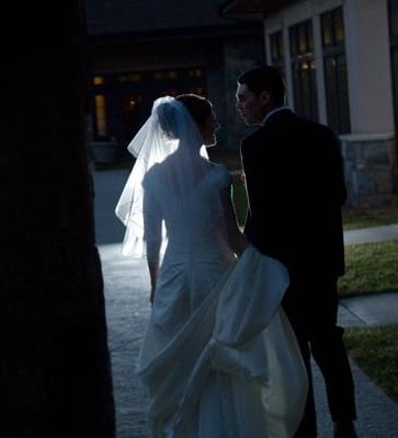 Bride and groom portrait outside Northern Valley Affairs